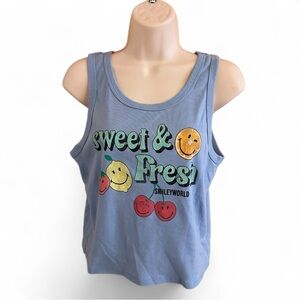 Smiley World Blue Graphic Crop Tank Top with Sweet & Fresh Retro Vintage Design